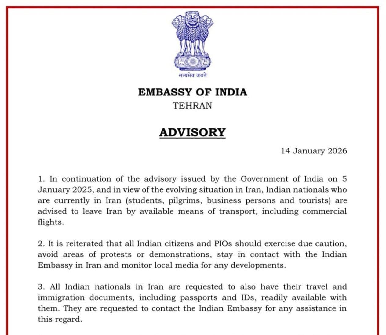 Leave Iran Immediately: Indian Ministry of External Affairs Issues Advisory to Indian Nationals