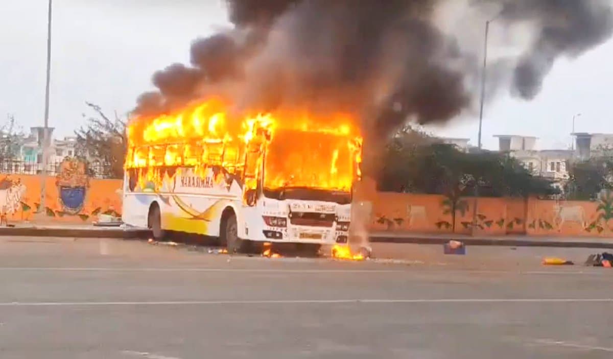 Private Travels Bus Gutted by Fire Near Nandigama!