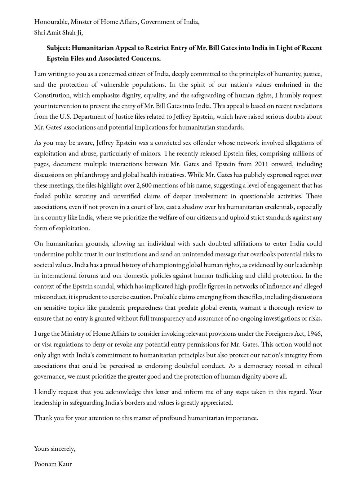 Actress Poonam Kaur Writes to Centre Regarding Bill Gates’ Visit to India