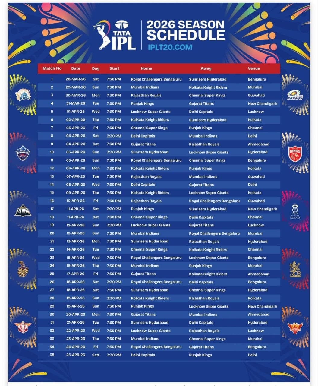 IPL 2026 Full Schedule Out !